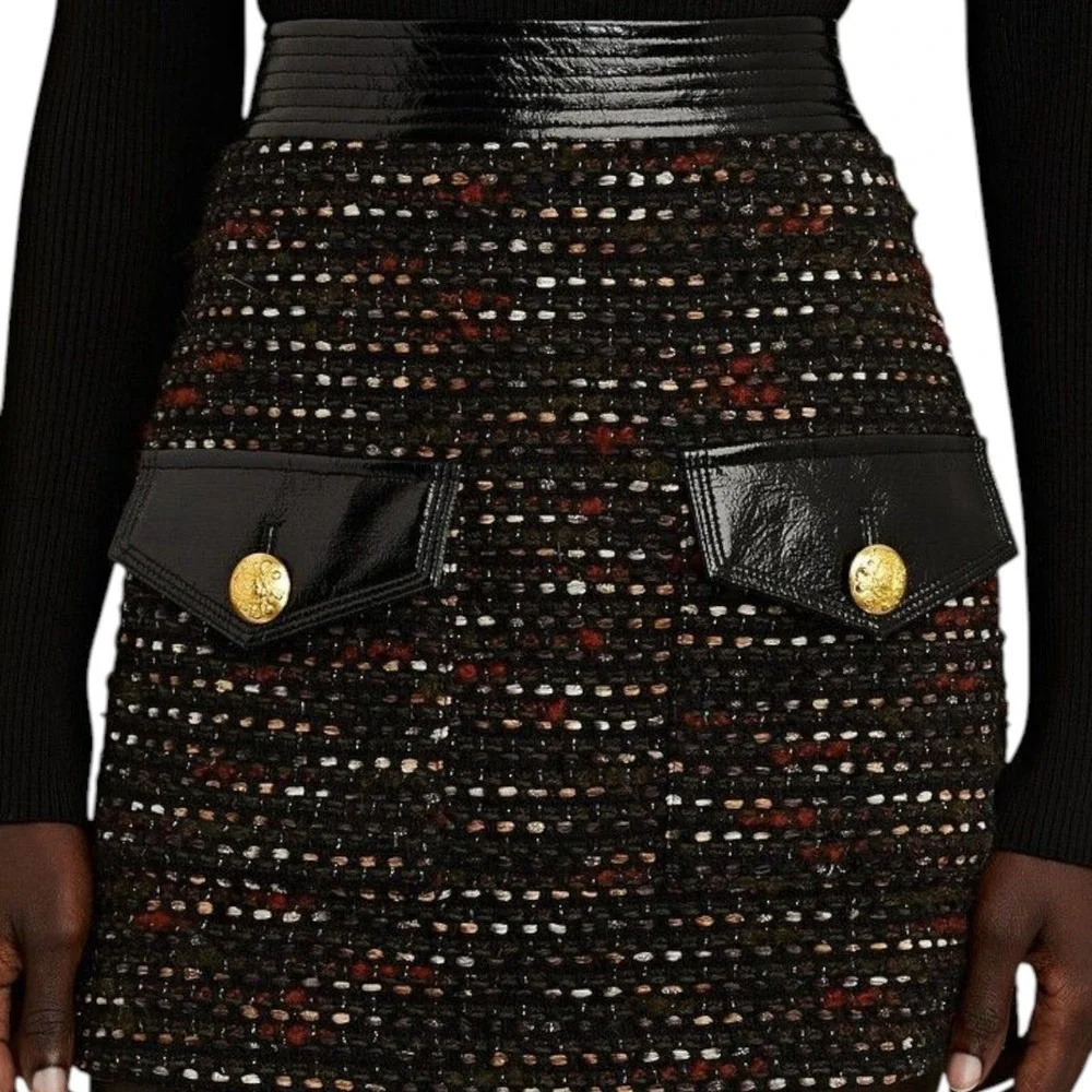 Veronica Beard Lucy Tweed Mini Skirt Black Multi‎ Metallic Gold Crest Buttons 0